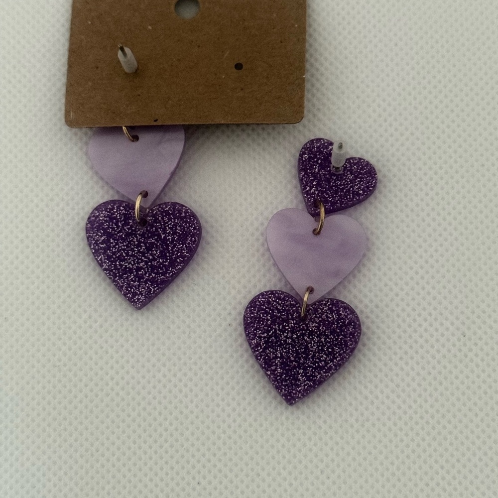 Purple Acrylic Heart Drop Earrings β Glitter & Marble Mix β NWT - Picture 6 of 6